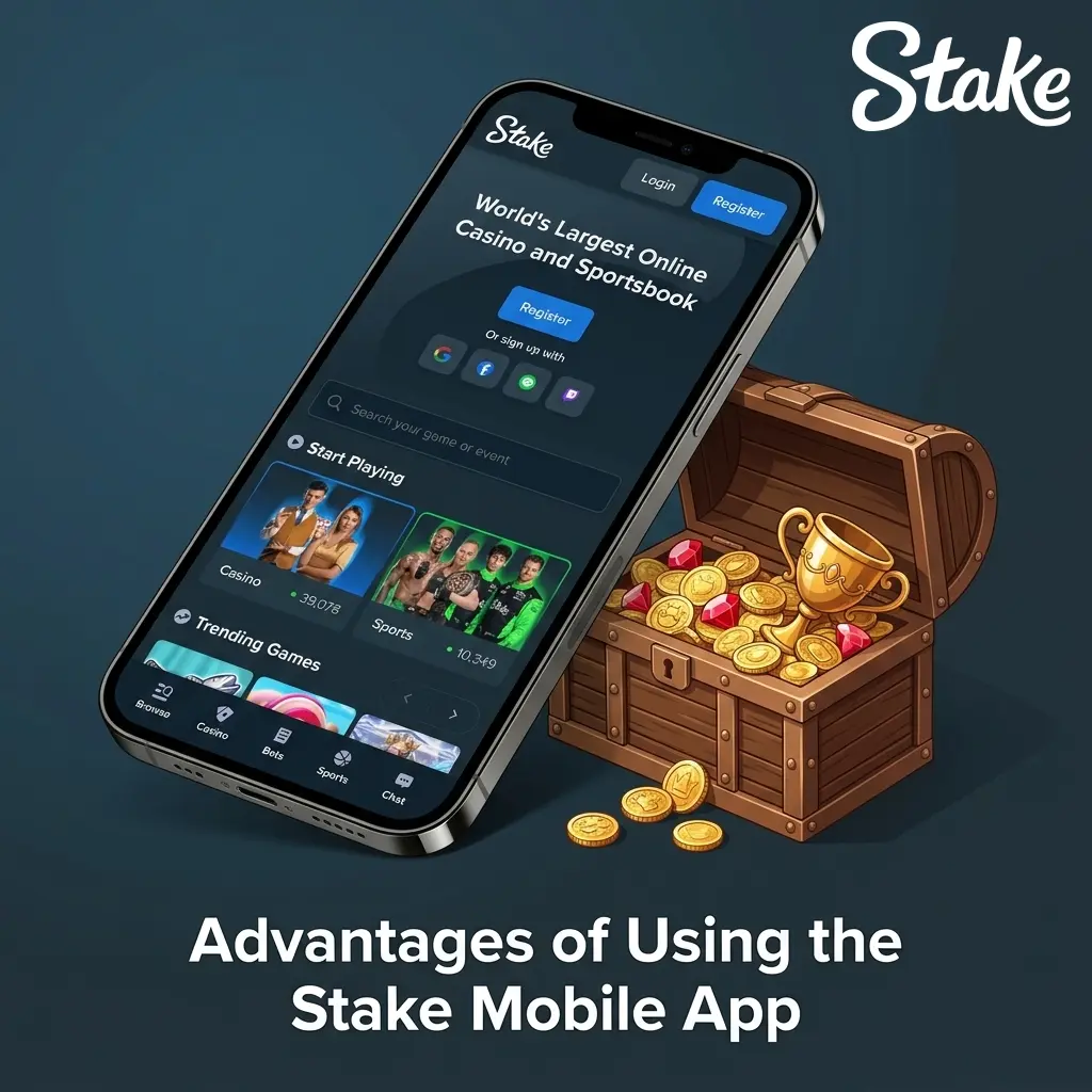 Stake mobile app advantages for Indian players showing crypto payments, VIP rewards, and 24/7 casino access