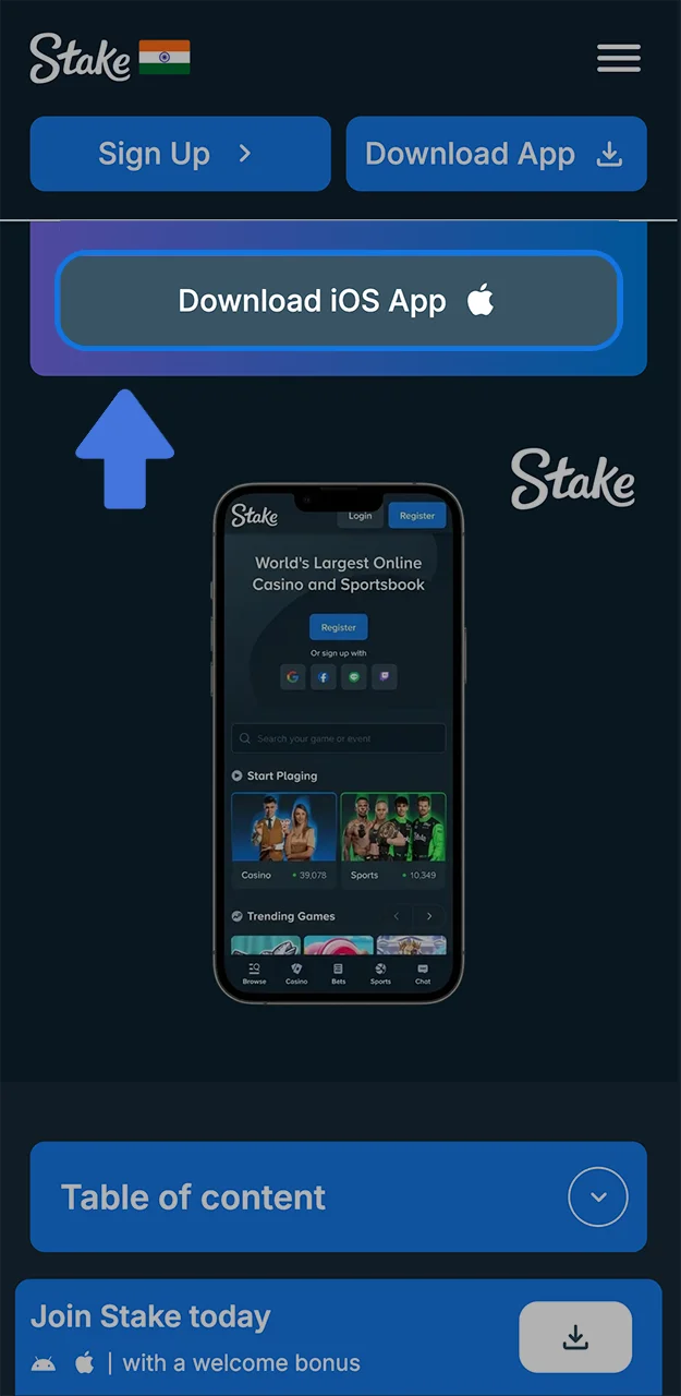 Tap the grey button to start installing the Stake app for iOS devices.