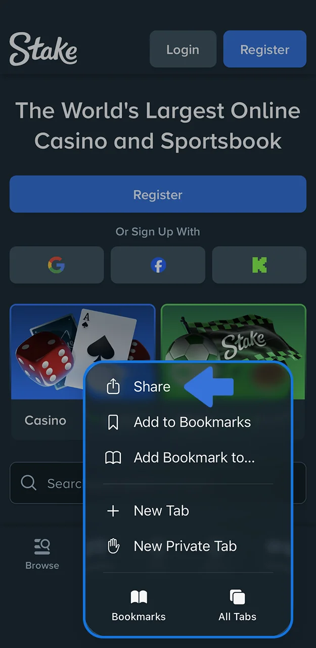To install the Stake app, open the Safari menu and explore the features available.