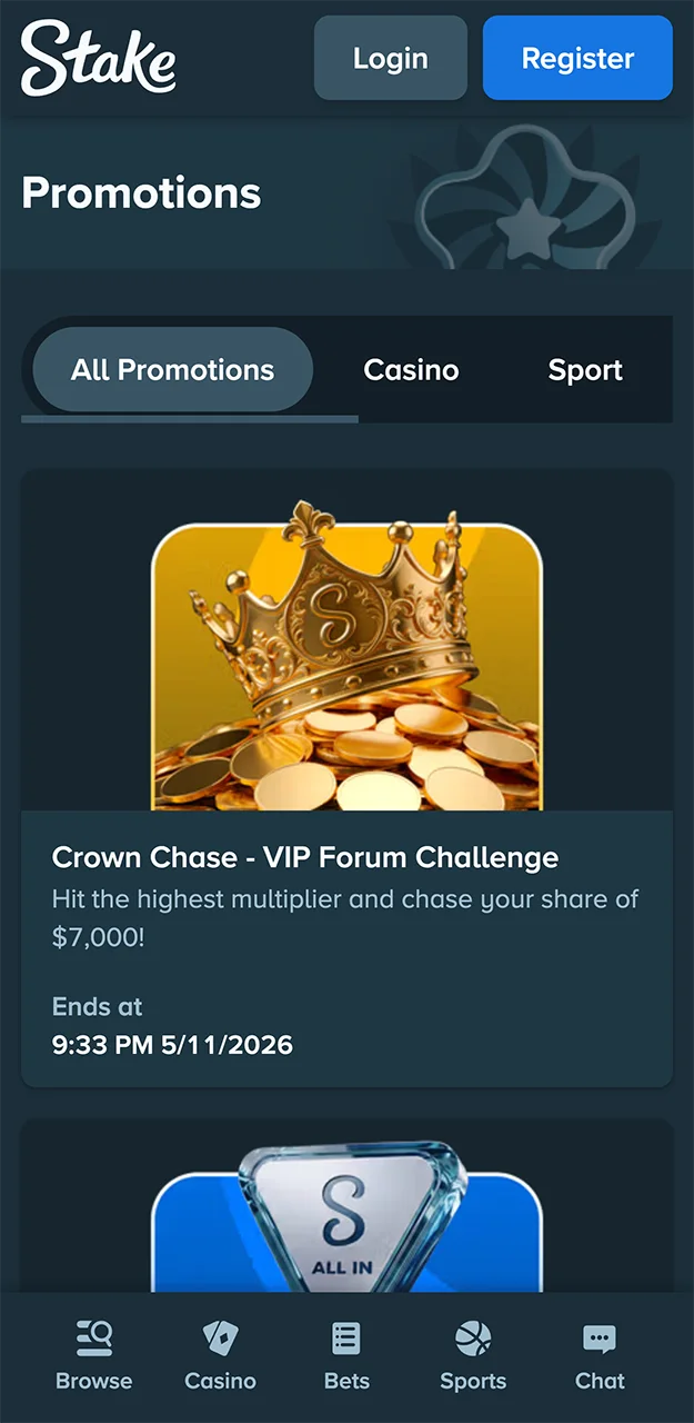 Bonuses and promotions available on the Stake app.