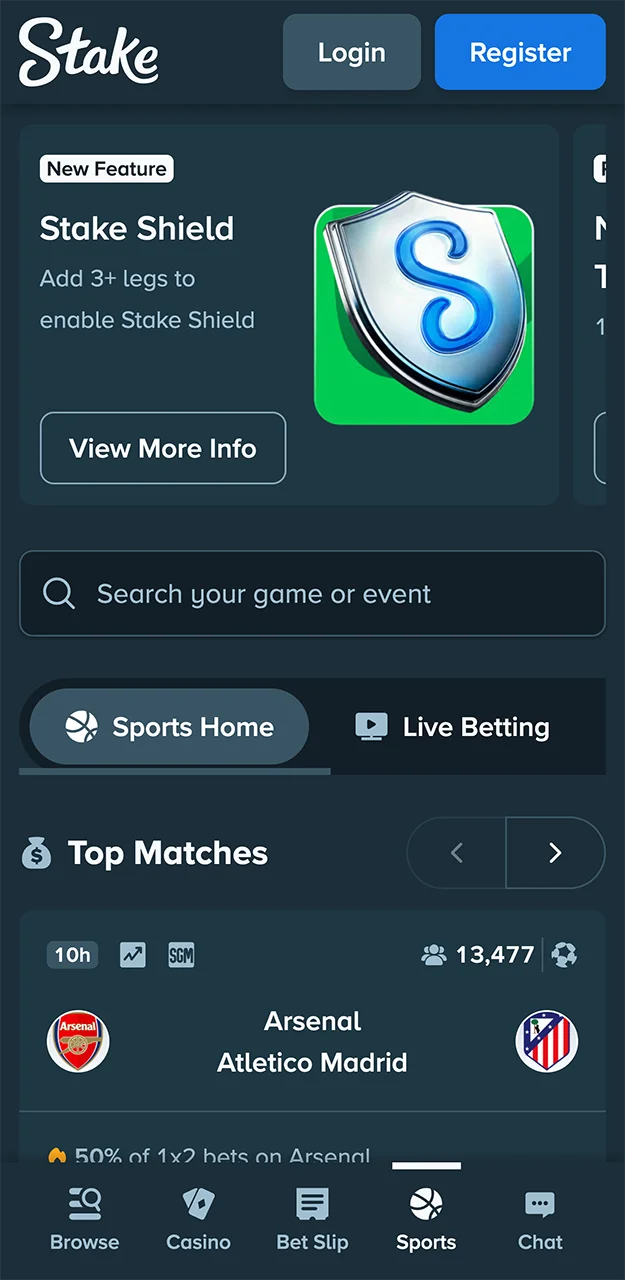 Sports betting on the Stake app.