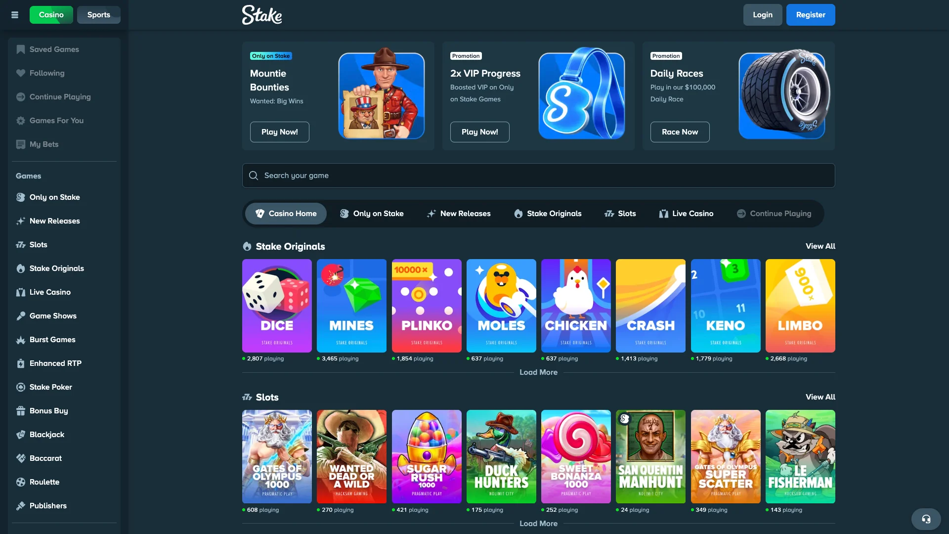 Popular casino games available on the Stake website.