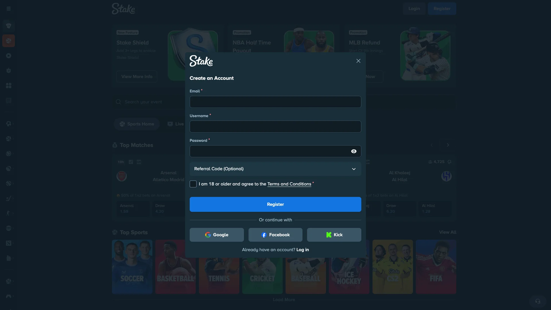 Registration form on the Stake website.