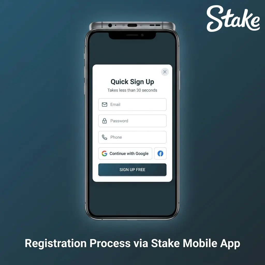 Stake mobile app registration process showing sign-up form steps for Indian users aged 18 and above