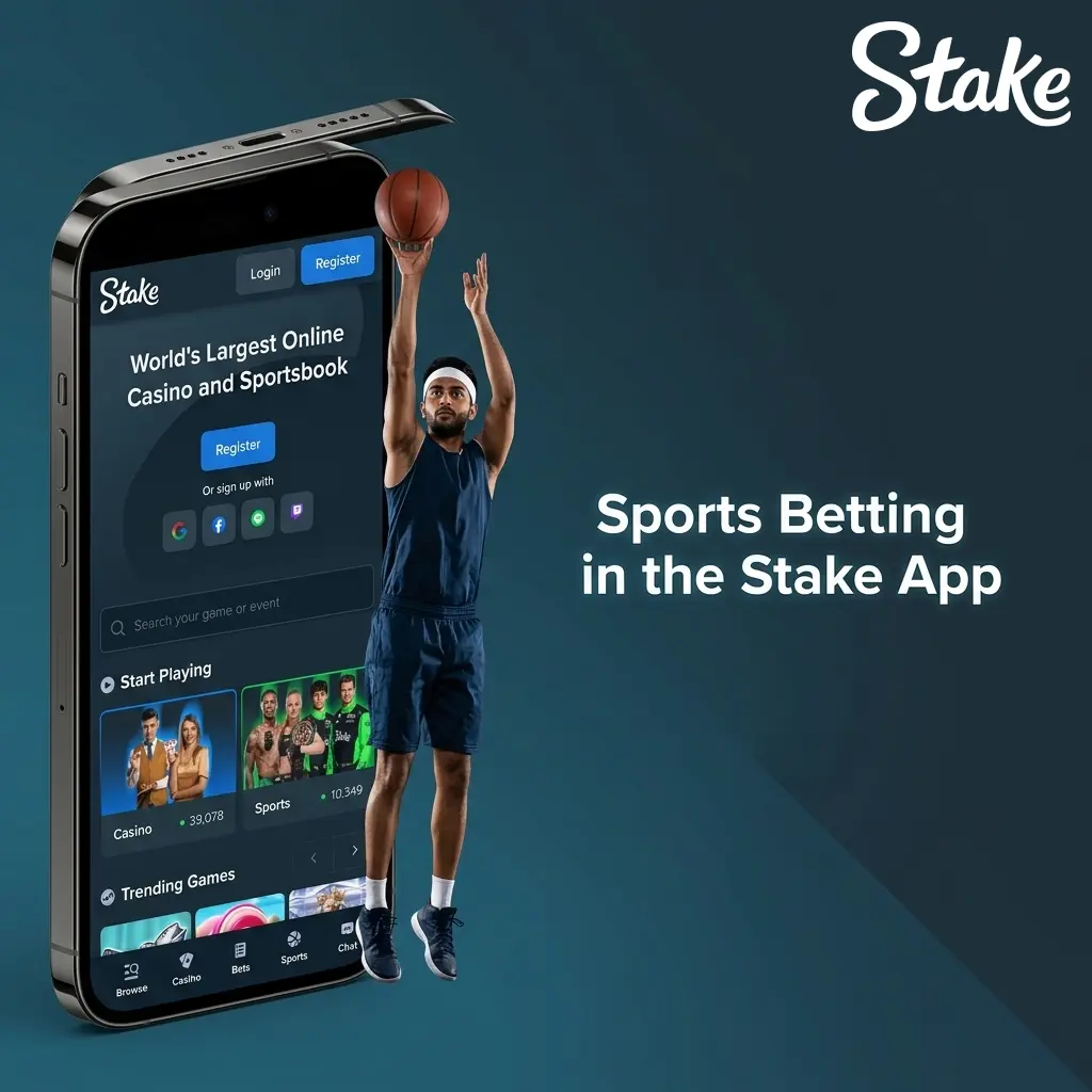 Stake app sports betting interface showing cricket, soccer, tennis, basketball, MMA and eSports markets for Indian players